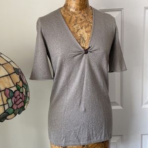 RIVAMONTI Wool SilverSparkle Weave OnTaupe Wool Short Sleeve V-Neck Pullover Top